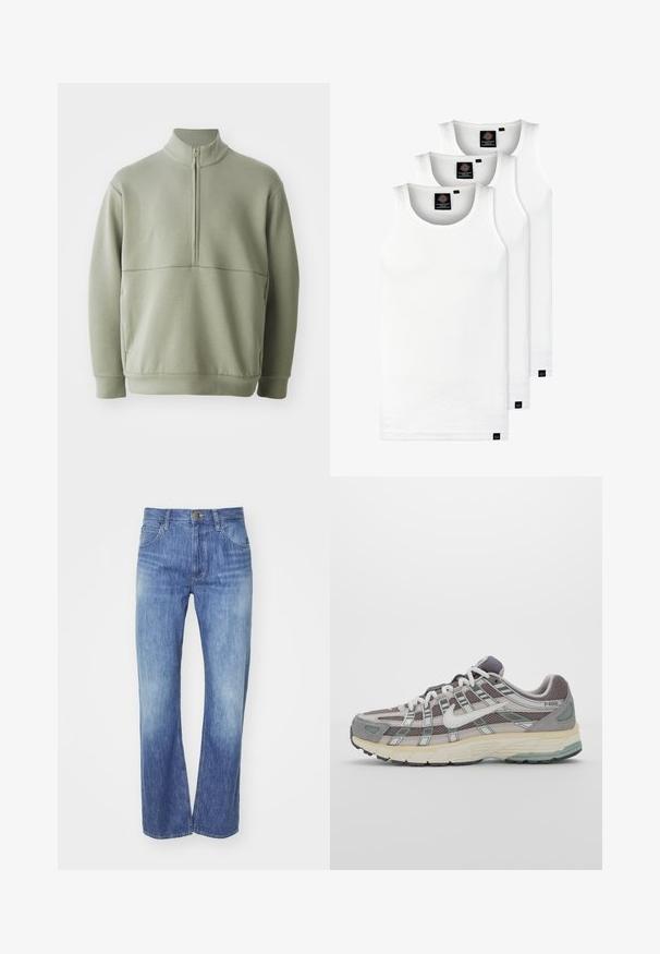 Heledad rohelise, pika varrukaga kootud särk kõrge kraega ja pooltaskuga. Pehme tekstuur, millel on horisontaalne õmbluse detail rinnaosas.; Kolm valget ribaga t-särki, mis on valmistatud puuvillast. Omavad ümmargust kaelanõhku ja väikseid musti silte hemme lähedal. Saadaval erinevates suurustes.; Heledad denim püksid helesinise värviga ja sirge säärega, millel on kerge kulumine, viis taskut ja nööbiga kinnitamine vöökohtadel.; Hallus hallitus jalanõud, millel on võrgust ja sametist ülemine osa, valged rõhutused, pehme tald ning eristuv disain peegelduvate elementidega.