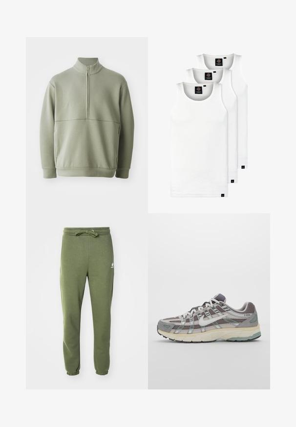 Svijetlozelena, dugosveđena majica s visokim ovratnikom i polu-zipperom. Mehak materijal s horizontalnom šavom preko prsa.; Tri bijele rebraste majice bez rukava od pamuka. Imaju okrugli izrez i male crne oznake blizu rubova. Dostupne su u više veličina.; Maslinaste zelene trenirke od mekanog materijala, sa elastičnim pojasom, vezicom i elastičnim rukavima oko članaka. Bijeli logotip sa strane.; Siva sportska tenisica s gornjim dijelom od mrežaste tkanine i zamshta, bijelim detaljima, amortizirajućom potplatom i prepoznatljivim dizajnom s refleksivnim elementima.