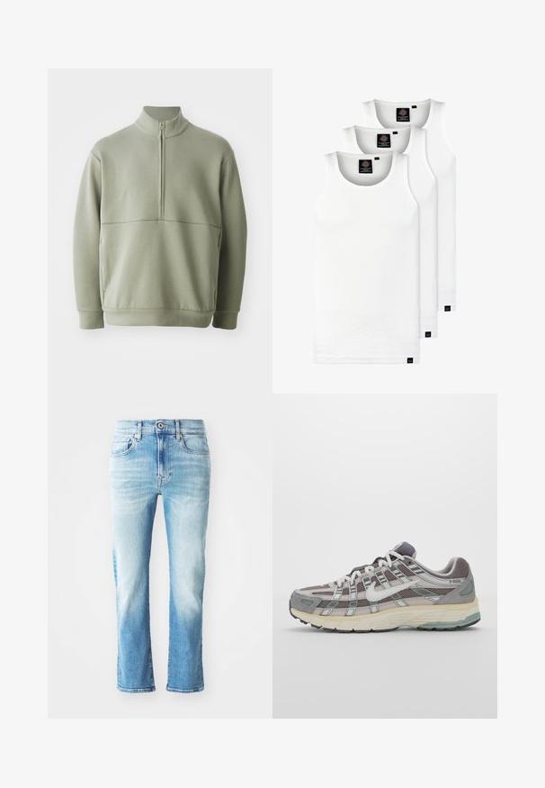 Világos zöld, hosszú ujjú pulóver magas gallérral és fél cipzárral. Puha tapintású, a mellkas fölött vízszintes varrási részlettel.; Három fehér csíkos pamut trikó. Felső része kerek nyakkivágású, és a szegély közelében kis fekete címkék találhatók. Több méretben elérhető.; Világoskék farmeregyenes szárú dizájnnal, megfakult mosással, öt zsebbel, valamint hagyományos gombos és cipzáras záródással.; Szürke sportcipő, hálós és velúr felsőrésszel, fehér részletekkel, párnázott talppal és jellegzetes dizájnnal, amely visszaverő elemeket tartalmaz.