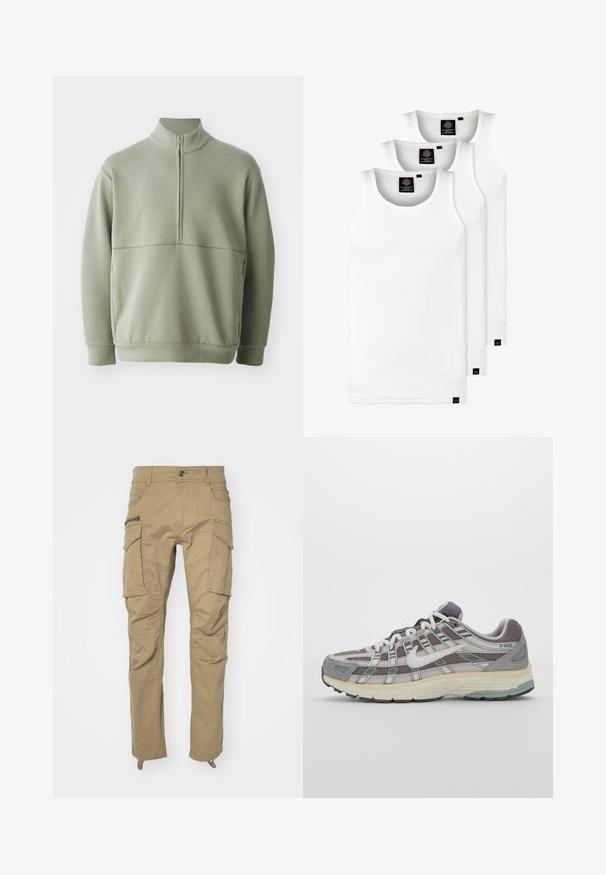 Vaaleanvihreä pitkähihainen neulepusero, jossa on korkea kaulus ja puoli vetoketju. Pehmeä pinta ja vaakasuora sauman yksityiskohta rinnassa.; Kolme valkoista ribbitekstiilistä toppia, jotka on valmistettu puuvillasta. Ominaisuuksiin kuuluu pyöreä pääntie ja pieni musta etiketti helman lähellä. Saatavilla useissa kooissa.; Khakiväriset cargo-housut, joissa on useita sivutaskuja, nappikiinnitys vyötäröllä, kapenevat lahkeet ja pehmeä, kestävä kangas. Vahvistettu ompelu koko matkalla.; Harmaa urheilukenkä, jossa on verkko- ja mokkanahkainen yläosa, valkoiset yksityiskohdat, pehmustettu pohja ja erottuva muotoilu heijastavilla elementeillä.