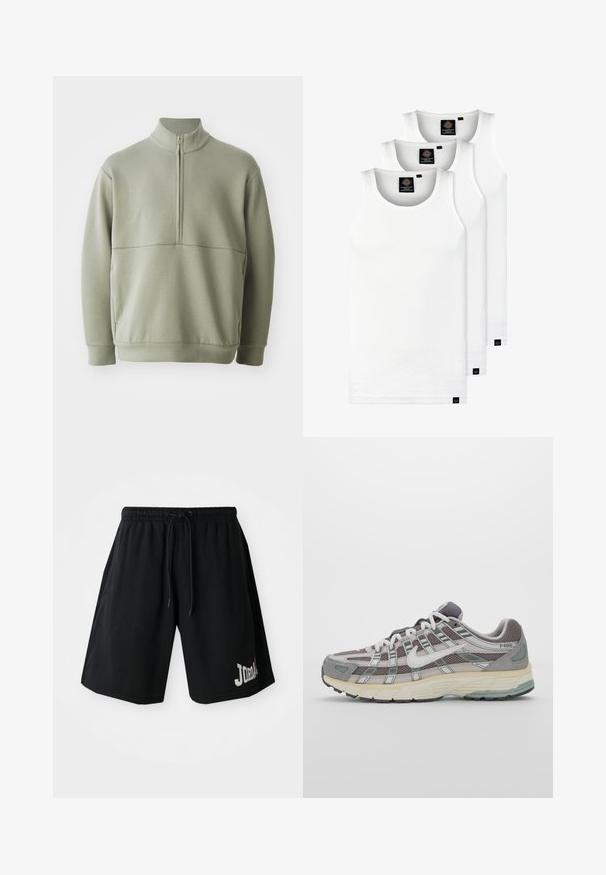Vaaleanvihreä pitkähihainen neulepusero, jossa on korkea kaulus ja puoli vetoketju. Pehmeä pinta ja vaakasuora sauman yksityiskohta rinnassa.; Kolme valkoista ribbitekstiilistä toppia, jotka on valmistettu puuvillasta. Ominaisuuksiin kuuluu pyöreä pääntie ja pieni musta etiketti helman lähellä. Saatavilla useissa kooissa.; Mustat urheilushortsit, joissa on joustava vyötärö ja naru, ja joissa on näkyvä "JORDAN" -logo sekä pieni punainen ikoni.; Harmaa urheilukenkä, jossa on verkko- ja mokkanahkainen yläosa, valkoiset yksityiskohdat, pehmustettu pohja ja erottuva muotoilu heijastavilla elementeillä.