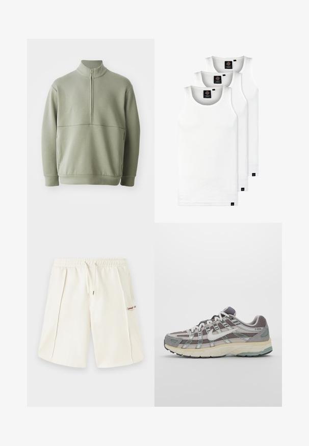 Světlá zelená mikina s dlouhým rukávem, vysokým límečkem a půlzipem. Měkká textura s horizontálním švem přes hruď.; Tři bílé žebrované tílka vyrobené z bavlny. Mají kulatý výstřih a malé černé štítky poblíž lemu. Dostupné v několika velikostech.; Krémové šortky vyrobené z měkké látky, s elastickým pasem, stahovací šňůrkou, bočními kapsami a malým červeným logem na boku.; Šedá sportovní obuv s vrchní částí z mikrovlákna a semiše, bílými akcenty, polstrovanou podrážkou a jedinečným designem s reflexními prvky.