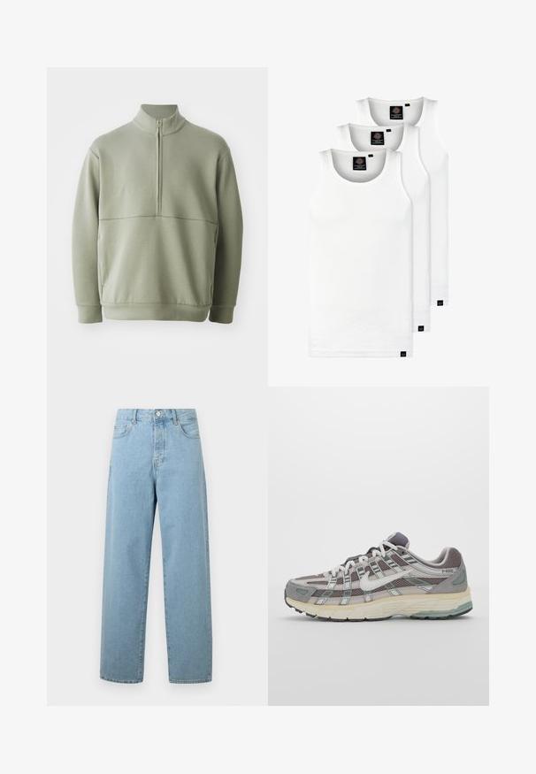 Light green, long-sleeve pullover with a high collar and half zipper. Soft texture with a horizontal seam detail across the chest.; Three white ribbed tank tops made of cotton. Features a crew neck and small black labels near the hem. Available in multiple sizes.; Light blue wide-leg jeans made of denim, featuring a front button closure, traditional five-pocket design, and a relaxed fit.; Gray athletic shoe featuring a mesh and suede upper, white accents, a cushioned sole, and a distinctive design with reflective elements.