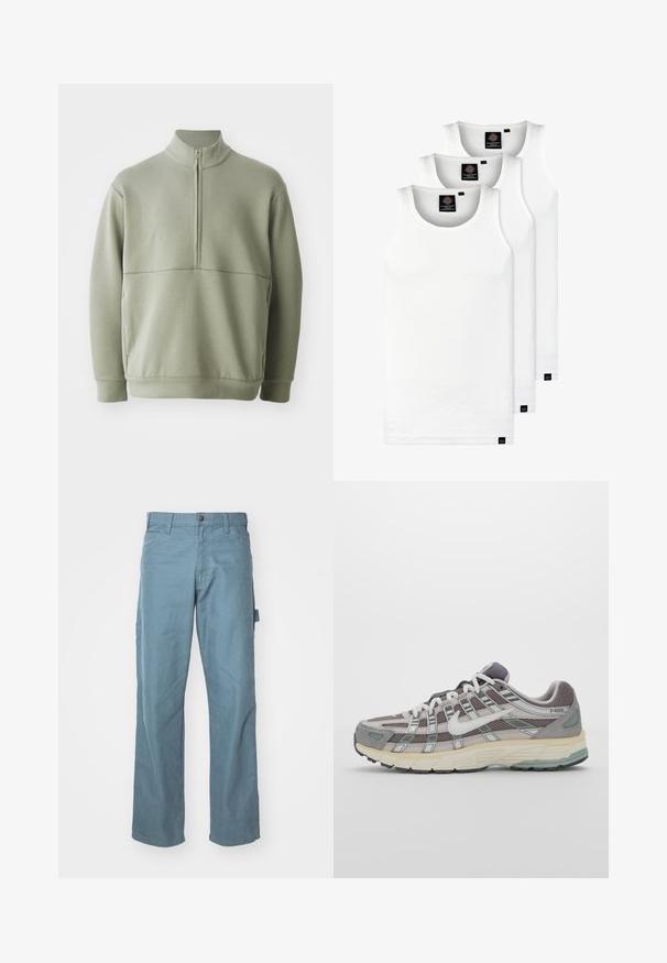 Svetlozelený, dlhý rukáv pulóver s vysokým golierom a polovičným zipsom. Mäkká textúra s horizontálnym švom cez hruď.; Tri biele rebrované tielka vyrobené z bavlny. Majú okrúhly výstrih a malé čierne štítky pri leme. Dostupné v rôznych veľkostiach.; Svetlo modré bavlnené cargo nohavice majú rovný strih, dve bočné vrecká a jednu slučku na páse pre väčšiu praktickosť.; Šedá športová obuv so zvrškom z nylonu a semišu, bielymi akcentmi, polstrovanou podrážkou a jedinečným dizajnom s reflexnými prvkami.