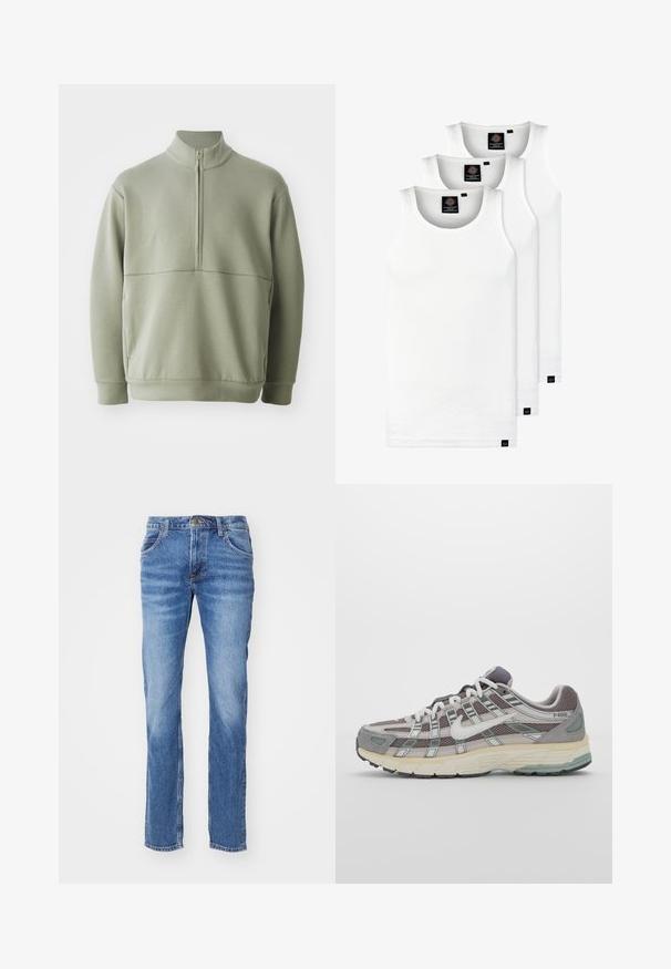Šviesiai žalias, ilgos rankovės megztinis su aukšta apykakle ir pusiau užtrauktuku. Minkšta tekstūra su horizontalia siūle per krūtinę.; Trys balti, dryžuoti marškiniai be rankovių, pagaminti iš medvilnės. Yra apvalus kaklas ir maži juodi etiketės netoli siūlės. Siūlomi įvairių dydžių.; Mėlyni džinsai su tiesiu kirpimu, penkiais kišenėmis ir sagčių uždarymu. Šiek tiek išblukusi tekstūra, suteikianti dėvėtą išvaizdą.; Pilkas sportinis batas su tinklu ir zomšos viršutine dalimi, baltomis detalėmis, paminkštintu padu ir išskirtiniu dizainu su atspindinčiais elementais.