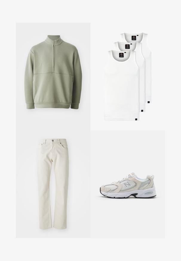 Svetlo zeleni pulover z dolgimi rokavi, visokim ovratnikom in polnim zadrgo. Mehak material z vodoravno šivano podrobnostjo čez prsi.; Tri bele rebraste majice brez rokavov iz bombaža. Imajo okroglo izreza in majhne črne etikete blizu roba. Na voljo v več velikostih.; Svetlo bež traperice iz bombaža, z ravnimi hlačnicami, petimi žepi in srebrnim kovinskim gumbom za zapiranje.; Atletski čevlji z lahkotnim sivim mrežastim zgornjim delom in usnjenimi poudarki, belimi vezalkami in črnim gumijastim podplatom. Opazna podrobnost ABZORB blaženja.