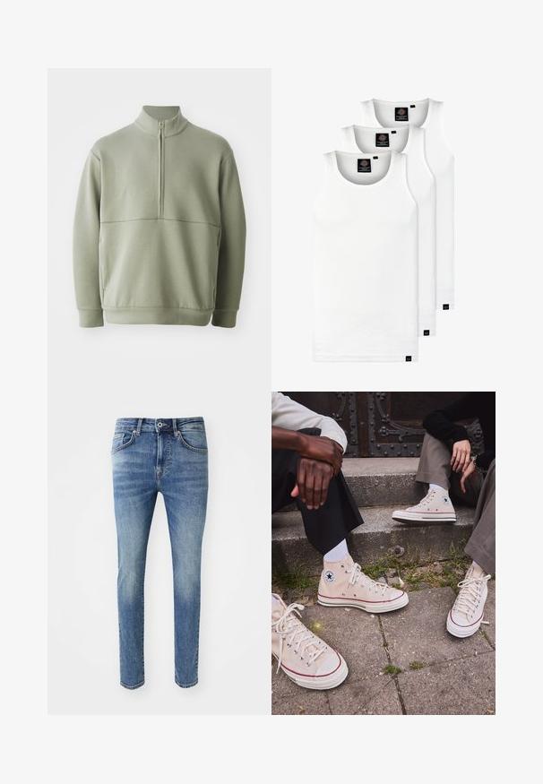 Šviesiai žalias, ilgos rankovės megztinis su aukšta apykakle ir pusiau užtrauktuku. Minkšta tekstūra su horizontalia siūle per krūtinę.; Trys balti, dryžuoti marškiniai be rankovių, pagaminti iš medvilnės. Yra apvalus kaklas ir maži juodi etiketės netoli siūlės. Siūlomi įvairių dydžių.; Išblukę šviesiai mėlyni džinsai su siauru kirpimu, penkiomis kišenėmis, užtrauktuku ir metaliniu užsegimu juosmens srityje.; Aukštakulniai bežiniai drobės sportbačiai su raudona juostele, balta guma padu, metaliniais užsegimais, su ikonišku žvaigždės logotipu šone.