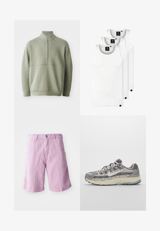 Světlá zelená mikina s dlouhým rukávem, vysokým límečkem a půlzipem. Měkká textura s horizontálním švem přes hruď.; Tři bílé žebrované tílka vyrobené z bavlny. Mají kulatý výstřih a malé černé štítky poblíž lemu. Dostupné v několika velikostech.; Světle fialové džínové šortky se rovně střiženým střihem, s knoflíkovým a zipovým zapínáním, pěti kapsami a jemnou texturou.; Šedá sportovní obuv s vrchní částí z mikrovlákna a semiše, bílými akcenty, polstrovanou podrážkou a jedinečným designem s reflexními prvky.