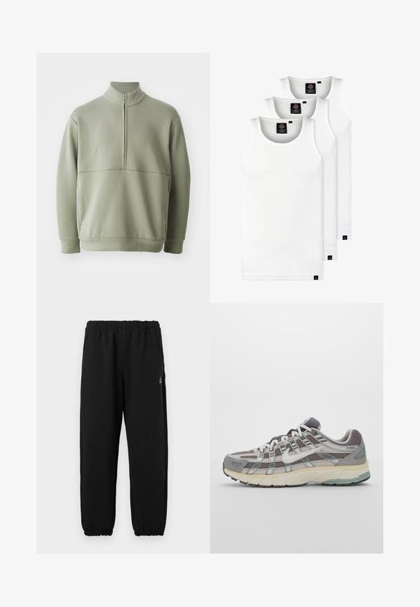 Lichtgroene, langslijve pullover met een hoge kraag en een halve rits. Zachte textuur met een horizontale naaddetails over de borst.; Drie witte geribde tanktops van katoen. Kenmerken zijn een ronde hals en kleine zwarte labels nabij de zoom. Verkrijgbaar in meerdere maten.; Zwarte sweatpants van zachte stof, met een elastische tailleband, elastische boorden en een klein logo-opdruk aan de linkerzijde.; Grijze sportieve schoen met een bovenwerk van mesh en suede, witte accenten, een gevoerde zool en een onderscheidend ontwerp met reflecterende elementen.