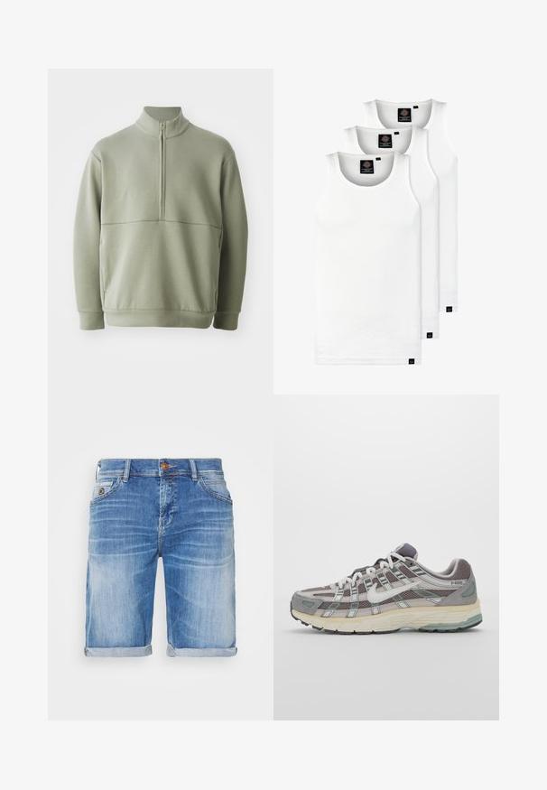 Svetlo zeleni pulover z dolgimi rokavi, visokim ovratnikom in polnim zadrgo. Mehak material z vodoravno šivano podrobnostjo čez prsi.; Tri bele rebraste majice brez rokavov iz bombaža. Imajo okroglo izreza in majhne črne etikete blizu roba. Na voljo v več velikostih.; Denim kratke hlače v svetlo modrem pranju, z zavitimi robovi, zasnovo s petimi žepi in enim kovinskim gumbom za zapiranje. Gladka tekstura z blagim bledenjem.; Sive športne čevlje z zgornjim delom iz mrežastega in semiš materiala, belimi akcenti, oblazinjenim podplatom ter edinstvenim dizajnom z odsevnimi elementi.