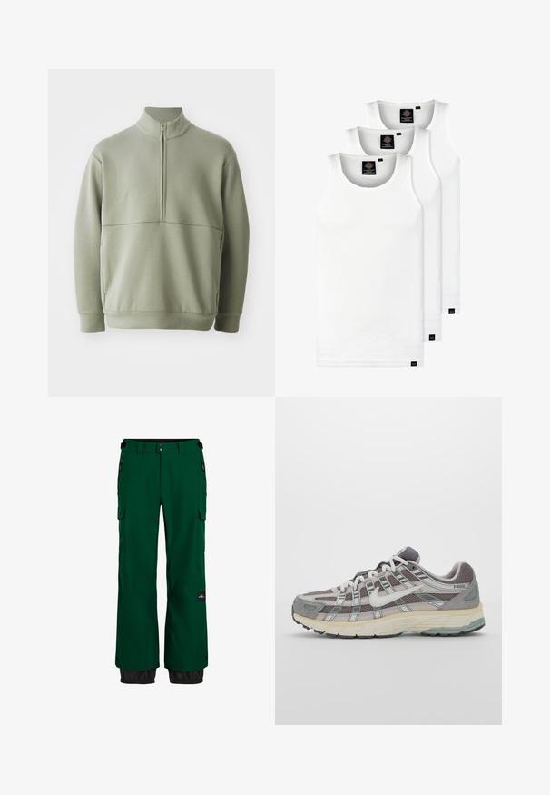 Lys grønn, langermet genser med høy krage og halv glidelås. Myk tekstur med horisontal sømdetalj over brystet.; Tre hvite ribbestrikkede tank topper laget av bomull. Har en rund hals og små svarte etiketter nær kanten. Tilgjengelig i flere størrelser.; Grønne vanntette snøvotter med en cargo-lomme, elastiske mansjetter og kontrasterende svart nedre kant. Har glidelåser og slitesterkt stoff.; Grå treningssko med overdel i nett og semsket skinn, hvite detaljer, en polstret såle, og et særpreget design med reflekterende elementer.