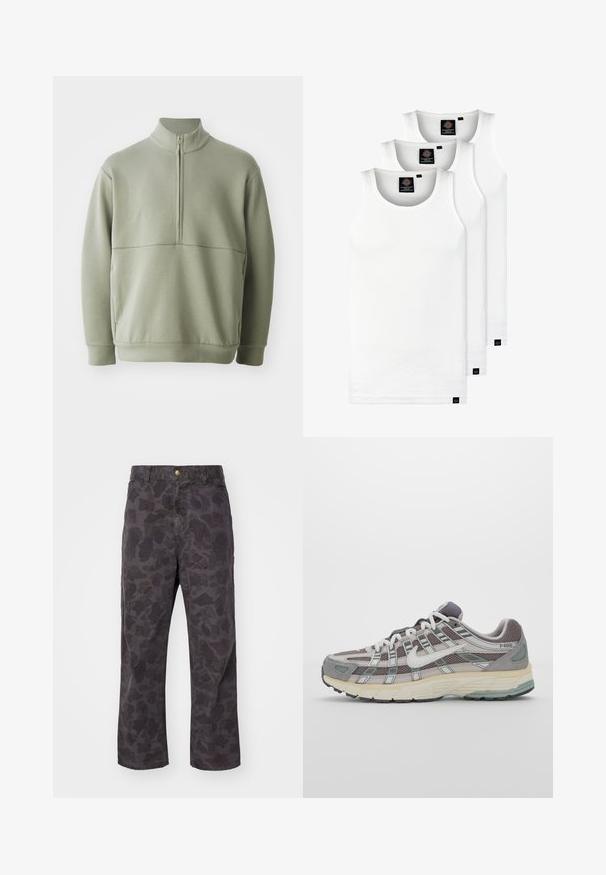 Light green, long-sleeve pullover with a high collar and half zipper. Soft texture with a horizontal seam detail across the chest.; Three white ribbed tank tops made of cotton. Features a crew neck and small black labels near the hem. Available in multiple sizes.; Carhartt WIP DUCK SINGLE KNEE PANT - Trousers - green/graphite garment dyed; Gray athletic shoe featuring a mesh and suede upper, white accents, a cushioned sole, and a distinctive design with reflective elements.