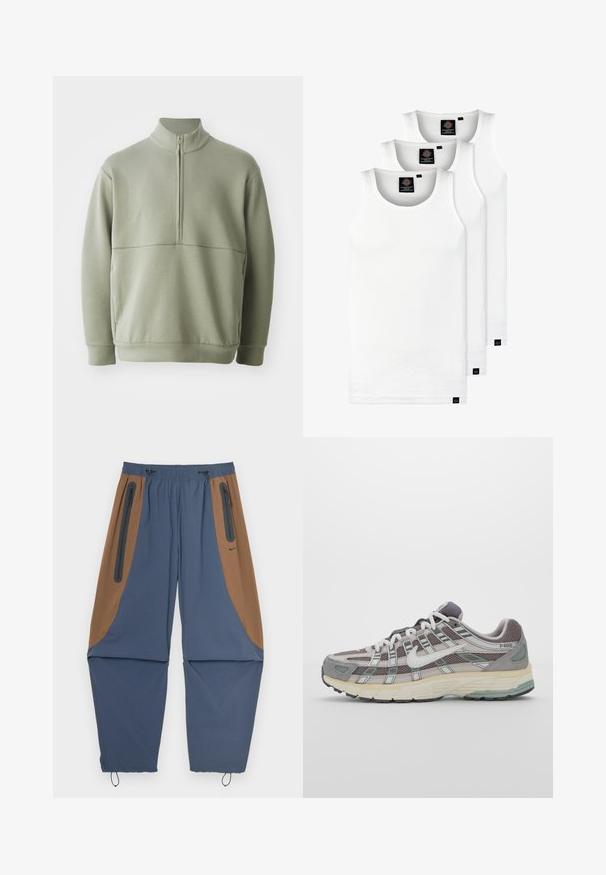 Šviesiai žalias, ilgos rankovės megztinis su aukšta apykakle ir pusiau užtrauktuku. Minkšta tekstūra su horizontalia siūle per krūtinę.; Trys balti, dryžuoti marškiniai be rankovių, pagaminti iš medvilnės. Yra apvalus kaklas ir maži juodi etiketės netoli siūlės. Siūlomi įvairių dydžių.; Jūriniai ir rudi sportiniai kelnes su elastinga juosta, užtraukiamomis šoninėmis kišenėmis ir reguliuojamais raišteliais apatinėje dalyje. Lygus paviršius.; Pilkas sportinis batas su tinklu ir zomšos viršutine dalimi, baltomis detalėmis, paminkštintu padu ir išskirtiniu dizainu su atspindinčiais elementais.