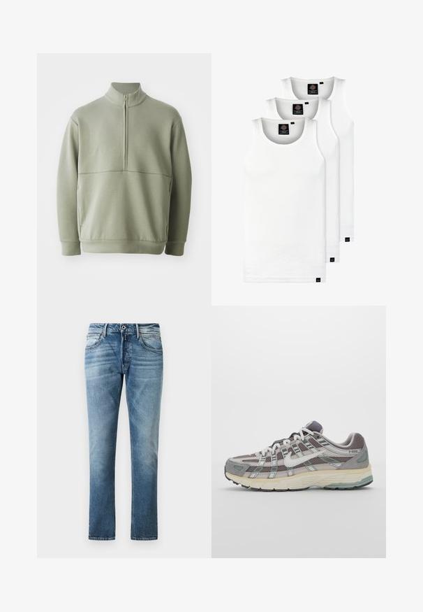 Gaiši zaļš, garām piedurknēm, džemperis ar augstu apkakli un pusi rāvējslēdzēju. Mīksta tekstūra ar horizontālu šuvju detaļu krūšu rajonā.; Trīs baltas ribotas krūšturi, kas izgatavoti no kokvilnas. Iezīmēti ar apaļu kakla izgriezumu un maziem melniem etiķetēm tuvu apakšmalai. Pieejami vairākos izmēros.; Zilas taisnās kājas džinsi ar izbalējušu detaļām, priekšējo pogu un kabatām, novietoti uz vienkrāsaina balta fona.; Pelēkie sporta apavi ar tīkla un zamša augšdaļu, baltiem akcentiem, mīkstinātu zoli un izcilu dizainu ar atstarotājiem.