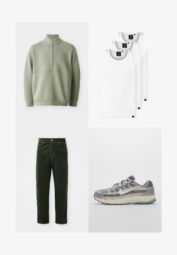 Lichtgroene, langslijve pullover met een hoge kraag en een halve rits. Zachte textuur met een horizontale naaddetails over de borst.; Drie witte geribde tanktops van katoen. Kenmerken zijn een ronde hals en kleine zwarte labels nabij de zoom. Verkrijgbaar in meerdere maten.; Groene corduroy broek met verticale ribbeltextuur, voorzien van een knoopsluiting, twee voorkruiden en een rechtvallend ontwerp.; Grijze sportieve schoen met een bovenwerk van mesh en suede, witte accenten, een gevoerde zool en een onderscheidend ontwerp met reflecterende elementen.