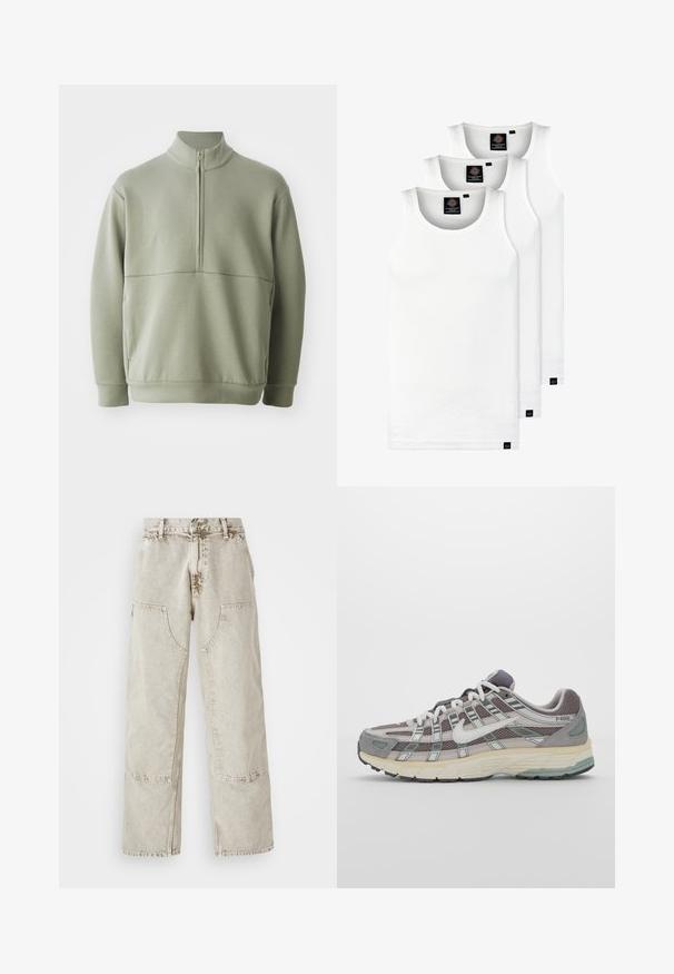 Svetlo zeleni pulover z dolgimi rokavi, visokim ovratnikom in polnim zadrgo. Mehak material z vodoravno šivano podrobnostjo čez prsi.; Tri bele rebraste majice brez rokavov iz bombaža. Imajo okroglo izreza in majhne črne etikete blizu roba. Na voljo v več velikostih.; Svetlo bež široke kavbojke iz denima, ki imajo velike zadrge, kontrastno šivanje in rahlo zbledel videz.; Sive športne čevlje z zgornjim delom iz mrežastega in semiš materiala, belimi akcenti, oblazinjenim podplatom ter edinstvenim dizajnom z odsevnimi elementi.