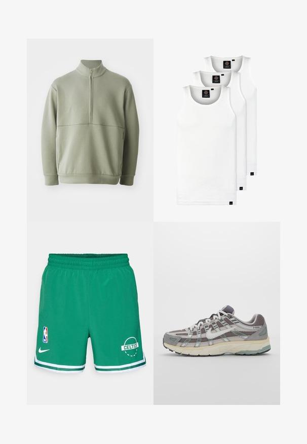 Svijetlozelena, dugosveđena majica s visokim ovratnikom i polu-zipperom. Mehak materijal s horizontalnom šavom preko prsa.; Tri bijele rebraste majice bez rukava od pamuka. Imaju okrugli izrez i male crne oznake blizu rubova. Dostupne su u više veličina.; Zelena košarkaška kratke hlače izrađene od laganog materijala. Sadrže elastičnu školjku, bijele pruge na rubu, NBA logo i grafiku "CELTICS".; Siva sportska tenisica s gornjim dijelom od mrežaste tkanine i zamshta, bijelim detaljima, amortizirajućom potplatom i prepoznatljivim dizajnom s refleksivnim elementima.