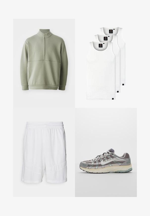 Light green, long-sleeve pullover with a high collar and half zipper. Soft texture with a horizontal seam detail across the chest.; Three white ribbed tank tops made of cotton. Features a crew neck and small black labels near the hem. Available in multiple sizes.; White athletic shorts made from textured, breathable mesh fabric. Features an elastic waistband and layered design accents.; Gray athletic shoe featuring a mesh and suede upper, white accents, a cushioned sole, and a distinctive design with reflective elements.