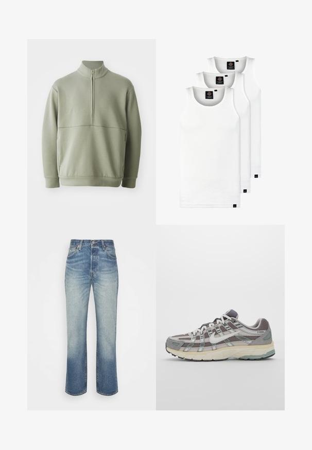 Jasnozielony, długi sweter z długim rękawem, o wysokim kołnierzu i pół-zamkiem. Miękka tekstura z poziomym szwem na wysokości klatki piersiowej.; Trzy białe prążkowane koszulki na ramiączkach wykonane z bawełny. Posiadają okrągły dekolt i małe czarne metki blisko dolnego brzegu. Dostępne w różnych rozmiarach.; Jasnoniebieskie dżinsy z prostymi nogawkami, z delikatnym przetarciem, pięcioma kieszeniami i zapięciem na guzik w pasie.; Szare buty sportowe z siateczkowym i zamszowym wierzchem, białymi akcentami, amortyzowaną podeszwą oraz charakterystycznym designem z elementami odblaskowymi.