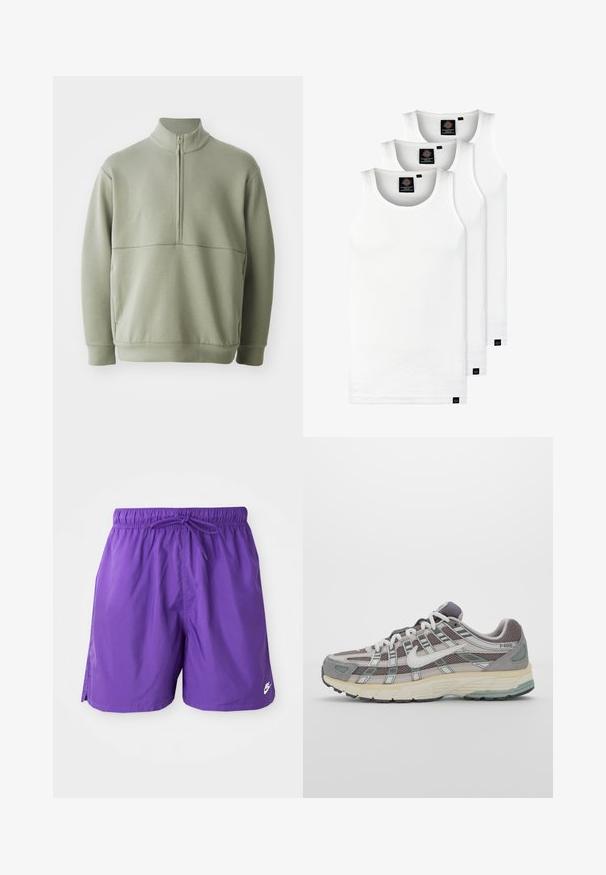 Heledad rohelise, pika varrukaga kootud särk kõrge kraega ja pooltaskuga. Pehme tekstuur, millel on horisontaalne õmbluse detail rinnaosas.; Kolm valget ribaga t-särki, mis on valmistatud puuvillast. Omavad ümmargust kaelanõhku ja väikseid musti silte hemme lähedal. Saadaval erinevates suurustes.; Lilla ujumispüksid elastse vöökoha ja nööridega. Külgedel on lõikeavad ja alumisel serval väike valge logo. Sile tekstuur.; Hallus hallitus jalanõud, millel on võrgust ja sametist ülemine osa, valged rõhutused, pehme tald ning eristuv disain peegelduvate elementidega.