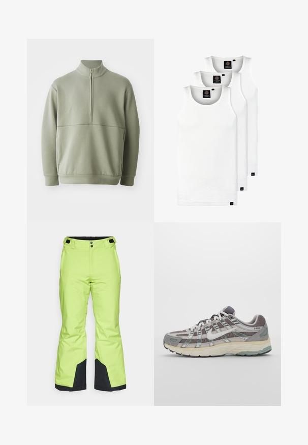 Pull vert clair à manches longues avec un col montant et une fermeture éclair mi-longue. Texture douce avec un détail de couture horizontale sur la poitrine.; Trois débardeurs blancs côtelés en coton. Présentent un col rond et de petites étiquettes noires près de l'ourlet. Disponibles en plusieurs tailles.; Pantalons de ski d'un vert lime éclatant avec une texture lisse, comportant des accents noirs au niveau des poignets et une fermeture à bouton à la taille.; Chaussure de sport grise avec une tige en mesh et en daim, accents blancs, semelle rembourrée et un design distinctif avec des éléments réfléchissants.