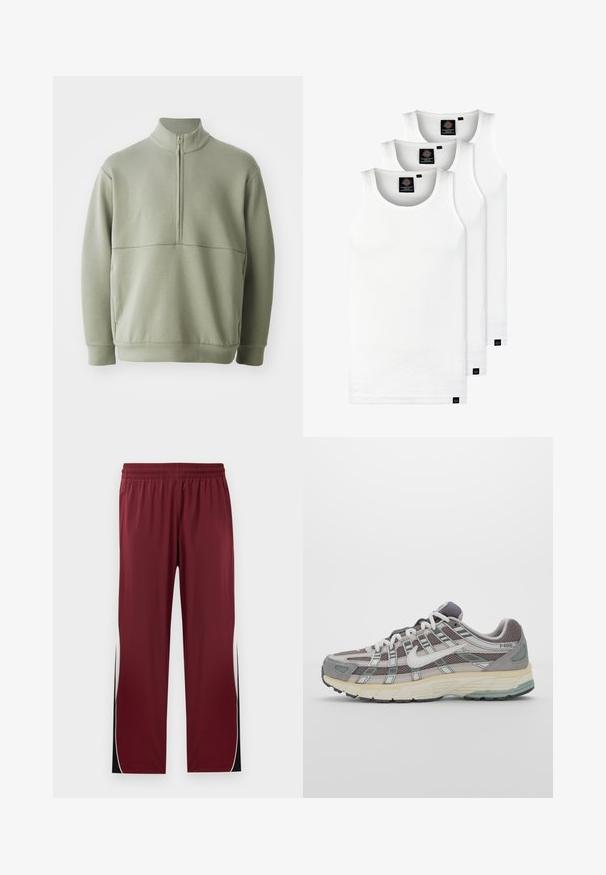 Suéter de manga larga verde claro con un cuello alto y media cremallera. Textura suave con un detalle de costura horizontal en el pecho.; Tres camisetas sin mangas de algodón de color blanco con canalé. Cuentan con cuello redondo y pequeñas etiquetas negras cerca del dobladillo. Disponibles en múltiples tamaños.; Pantalones deportivos granate con cintura elástica, rayas laterales blancas contrastantes y detalles en negro. Fabricados con un tejido suave y ligero.; Zapatilla deportiva gris con parte superior de malla y ante, acentos blancos, suela acolchada y un diseño distintivo con elementos reflectantes.