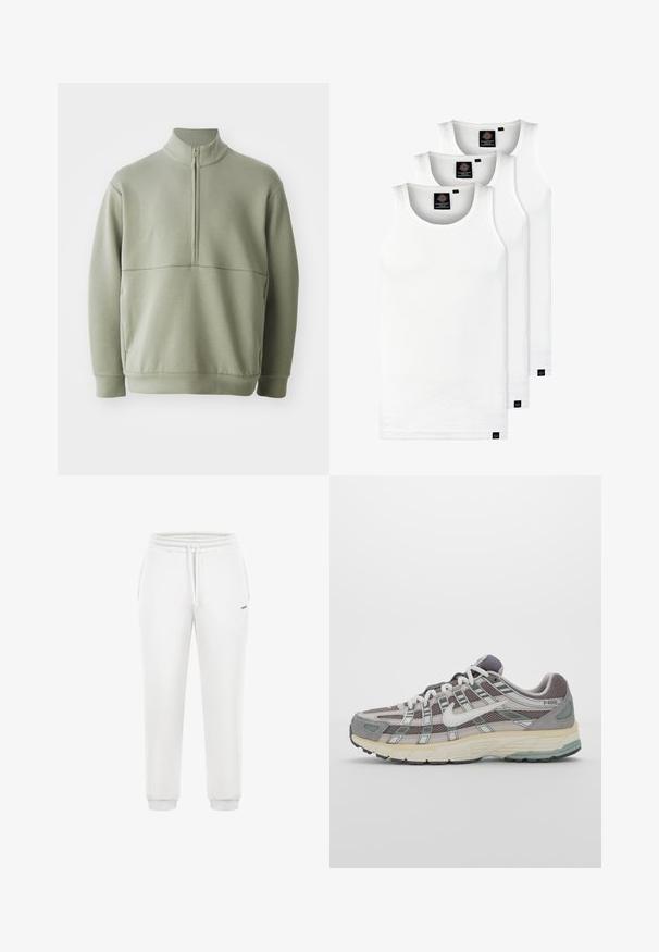 Hellgrüner Pulli mit langen Ärmeln, hohem Kragen und halbem Reißverschluss. Weiche Textur mit einer horizontalen Nahtdetails über der Brust.; Drei weiße, gerippte Tanktops aus Baumwolle. Merkmale einen Rundhalsausschnitt und kleine schwarze Etiketten am Saum. In mehreren Größen erhältlich.; Weiße Baumwoll-Jogginghosen mit elastischem Bund, Kordelzug, Seitentaschen, schmal zulaufenden Beinen und einem kleinen Logo-Akzent am Bein.; Grauer Sportschuh mit einem Obermaterial aus Mesh und Wildleder, weißen Akzenten, einer gepolsterten Sohle und einem charakteristischen Design mit reflektierenden Elementen.