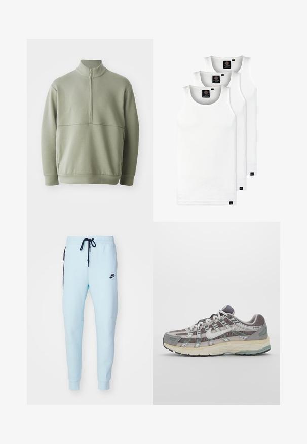 Lys grøn, langærmet pullover med høj krave og halv lynlås. Blød tekstur med en horisontal sømdetalje på brystet.; Tre hvide ribbede tanktops lavet af bomuld. Har en rund hals og små sorte mærker nær sømmen. Fås i flere størrelser.; Nike Sportswear TECH JOGGER - Træningsbukser - glacier blue; Grå sportssko med overdel i mesh og ruskind, hvide accenter, en polstret sål og et særpræget design med reflekterende elementer.