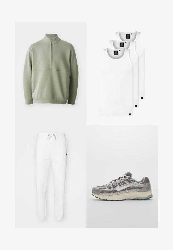 Lys grøn, langærmet pullover med høj krave og halv lynlås. Blød tekstur med en horisontal sømdetalje på brystet.; Tre hvide ribbede tanktops lavet af bomuld. Har en rund hals og små sorte mærker nær sømmen. Fås i flere størrelser.; Hvide sweatpants lavet af en bomuldsblanding, med elastisk talje med snor, sidelommer og ribbede manchetter med logoaccent.; Grå sportssko med overdel i mesh og ruskind, hvide accenter, en polstret sål og et særpræget design med reflekterende elementer.