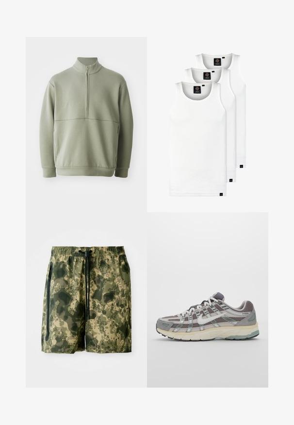 Lys grønn, langermet genser med høy krage og halv glidelås. Myk tekstur med horisontal sømdetalj over brystet.; Tre hvite ribbestrikkede tank topper laget av bomull. Har en rund hals og små svarte etiketter nær kanten. Tilgjengelig i flere størrelser.; Kamuflasje svømmebukser i grønne nyanser, laget av lett materiale, med elastisk midje, snor og sidelommer.; Grå treningssko med overdel i nett og semsket skinn, hvite detaljer, en polstret såle, og et særpreget design med reflekterende elementer.