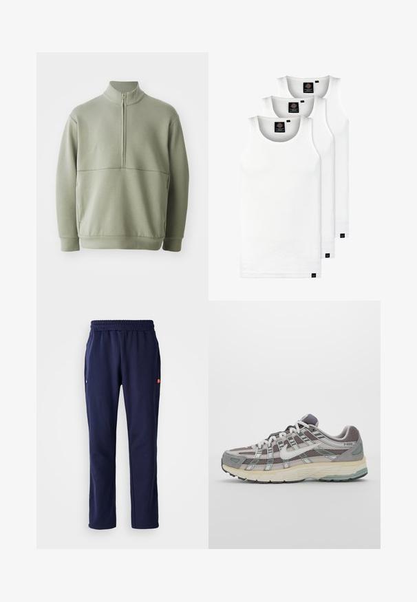 Svetlozelený, dlhý rukáv pulóver s vysokým golierom a polovičným zipsom. Mäkká textúra s horizontálnym švom cez hruď.; Tri biele rebrované tielka vyrobené z bavlny. Majú okrúhly výstrih a malé čierne štítky pri leme. Dostupné v rôznych veľkostiach.; Námornícke teplákové nohavice s elastickým pásom, bočnými vreckami a malým logom na ľavom vrecku. Vyrobené z jemnej, hladkej látky.; Šedá športová obuv so zvrškom z nylonu a semišu, bielymi akcentmi, polstrovanou podrážkou a jedinečným dizajnom s reflexnými prvkami.