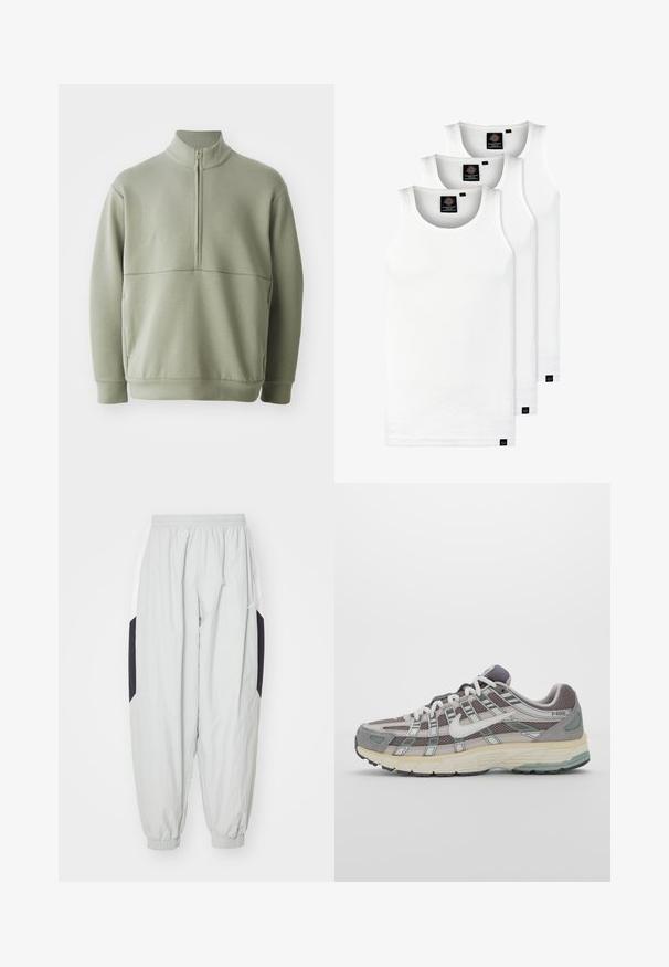 Gaiši zaļš, garām piedurknēm, džemperis ar augstu apkakli un pusi rāvējslēdzēju. Mīksta tekstūra ar horizontālu šuvju detaļu krūšu rajonā.; Trīs baltas ribotas krūšturi, kas izgatavoti no kokvilnas. Iezīmēti ar apaļu kakla izgriezumu un maziem melniem etiķetēm tuvu apakšmalai. Pieejami vairākos izmēros.; Gaiši pelēkas sporta bikses no viegla auduma, ar elastīgu jostu un aprocēm, ar kontrastējošiem melniem un baltajiem sānu paneļiem.; Pelēkie sporta apavi ar tīkla un zamša augšdaļu, baltiem akcentiem, mīkstinātu zoli un izcilu dizainu ar atstarotājiem.