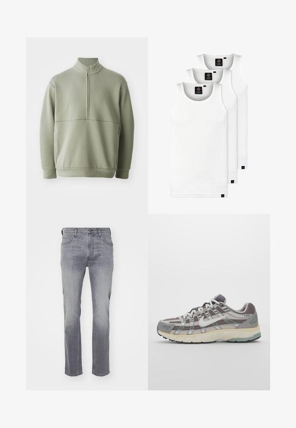 Pull vert clair à manches longues avec un col montant et une fermeture éclair mi-longue. Texture douce avec un détail de couture horizontale sur la poitrine.; Trois débardeurs blancs côtelés en coton. Présentent un col rond et de petites étiquettes noires près de l'ourlet. Disponibles en plusieurs tailles.; Des jeans en denim gris au design à jambe droite, style cinq poches, et finition délavée. Le matériau a une texture lisse et un léger extensibilité.; Chaussure de sport grise avec une tige en mesh et en daim, accents blancs, semelle rembourrée et un design distinctif avec des éléments réfléchissants.