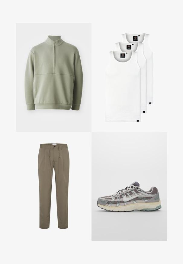 Heledad rohelise, pika varrukaga kootud särk kõrge kraega ja pooltaskuga. Pehme tekstuur, millel on horisontaalne õmbluse detail rinnaosas.; Kolm valget ribaga t-särki, mis on valmistatud puuvillast. Omavad ümmargust kaelanõhku ja väikseid musti silte hemme lähedal. Saadaval erinevates suurustes.; Õlivahelised püksid, mis on valmistatud pehmest kangast, mugava lõikega, elastse vöökohtaga ja paelaga, samuti kahte esist õmblust disaini lisamiseks.; Hallus hallitus jalanõud, millel on võrgust ja sametist ülemine osa, valged rõhutused, pehme tald ning eristuv disain peegelduvate elementidega.