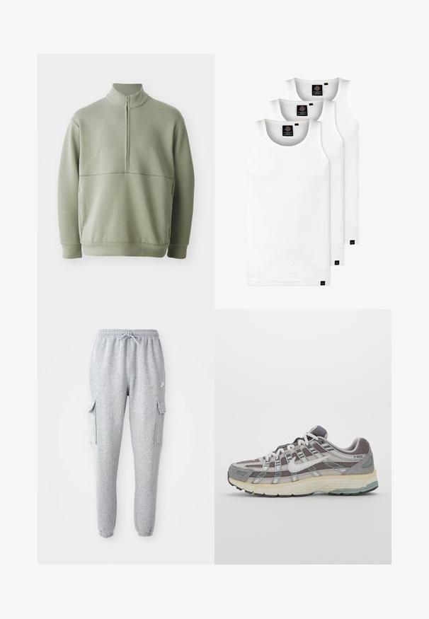 Svetlozelený, dlhý rukáv pulóver s vysokým golierom a polovičným zipsom. Mäkká textúra s horizontálnym švom cez hruď.; Tri biele rebrované tielka vyrobené z bavlny. Majú okrúhly výstrih a malé čierne štítky pri leme. Dostupné v rôznych veľkostiach.; Sivé tepláky vyrobené z jemného materiálu, s elastickým pásom so šnúrkou, dvomi bočnými cargo vreckami a zúženými manžetami.; Šedá športová obuv so zvrškom z nylonu a semišu, bielymi akcentmi, polstrovanou podrážkou a jedinečným dizajnom s reflexnými prvkami.