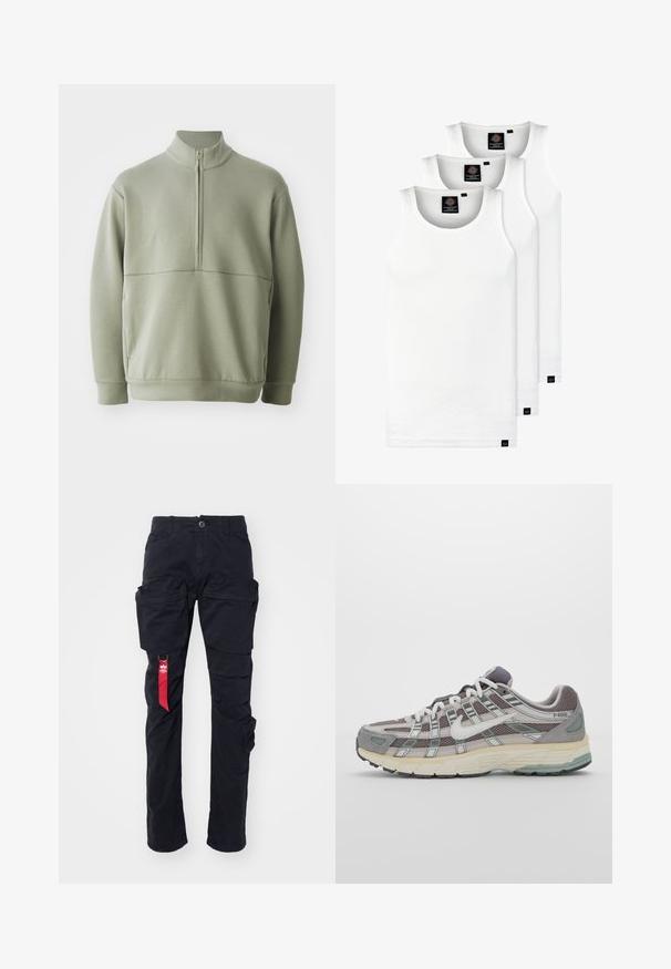 Light green, long-sleeve pullover with a high collar and half zipper. Soft texture with a horizontal seam detail across the chest.; Three white ribbed tank tops made of cotton. Features a crew neck and small black labels near the hem. Available in multiple sizes.; Black cargo pants with multiple side pockets, a belt loop, and a red fabric tag on the left side. Made of durable cotton material.; Gray athletic shoe featuring a mesh and suede upper, white accents, a cushioned sole, and a distinctive design with reflective elements.