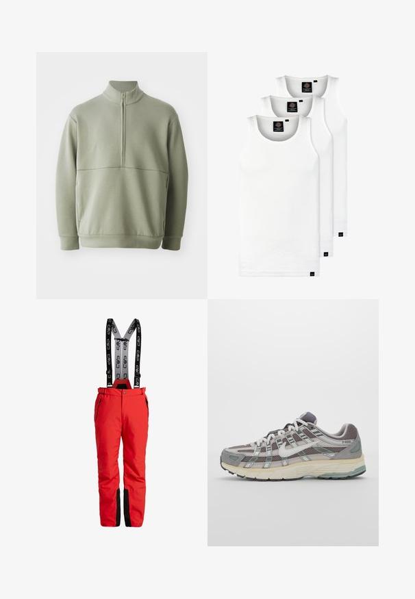 Lichtgroene, langslijve pullover met een hoge kraag en een halve rits. Zachte textuur met een horizontale naaddetails over de borst.; Drie witte geribde tanktops van katoen. Kenmerken zijn een ronde hals en kleine zwarte labels nabij de zoom. Verkrijgbaar in meerdere maten.; Rode skibroek met verstelbare zwarte bretels met een logo. Inclusief ritszakken en zwarte accenten op de manchetten. Waterdicht materiaal.; Grijze sportieve schoen met een bovenwerk van mesh en suede, witte accenten, een gevoerde zool en een onderscheidend ontwerp met reflecterende elementen.