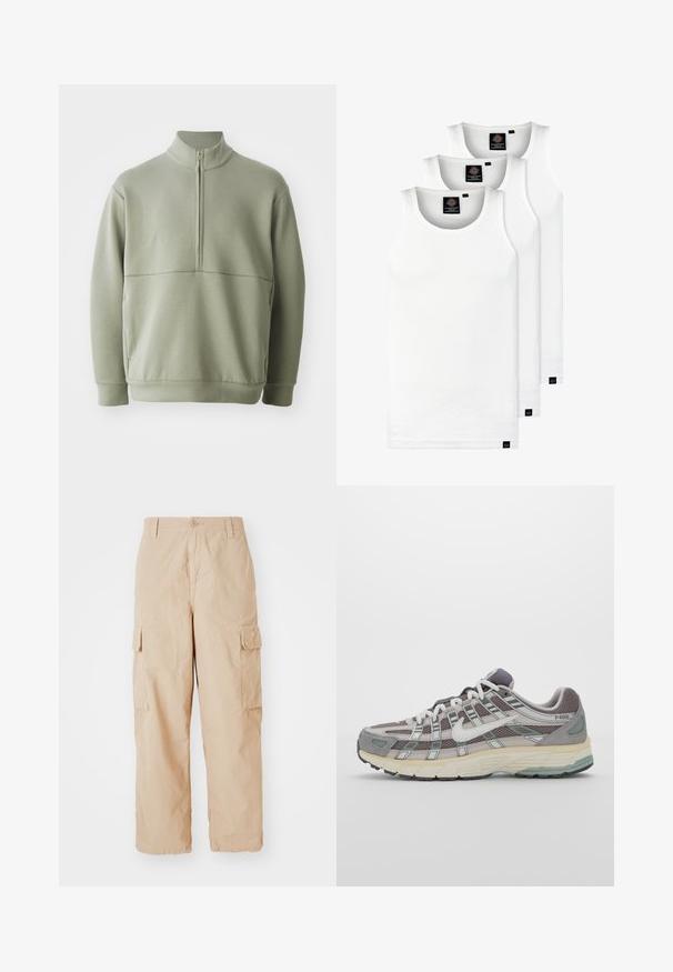 Világos zöld, hosszú ujjú pulóver magas gallérral és fél cipzárral. Puha tapintású, a mellkas fölött vízszintes varrási részlettel.; Három fehér csíkos pamut trikó. Felső része kerek nyakkivágású, és a szegély közelében kis fekete címkék találhatók. Több méretben elérhető.; Beige színű, laza szabású cargo nadrág, amely könnyű anyagból készült. Két oldalsó cargo zsebből és deréknál gombos záródásból áll.; Szürke sportcipő, hálós és velúr felsőrésszel, fehér részletekkel, párnázott talppal és jellegzetes dizájnnal, amely visszaverő elemeket tartalmaz.