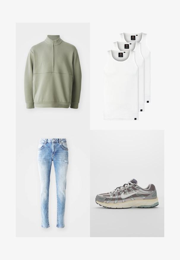 Világos zöld, hosszú ujjú pulóver magas gallérral és fél cipzárral. Puha tapintású, a mellkas fölött vízszintes varrási részlettel.; Három fehér csíkos pamut trikó. Felső része kerek nyakkivágású, és a szegély közelében kis fekete címkék találhatók. Több méretben elérhető.; Világoskék denim farmernadrág, elhalványult kivitelben, megkopott foltokkal és klasszikus öt zsebes dizájnnal. Egyenes szár, közepes magas derékkal.; Szürke sportcipő, hálós és velúr felsőrésszel, fehér részletekkel, párnázott talppal és jellegzetes dizájnnal, amely visszaverő elemeket tartalmaz.