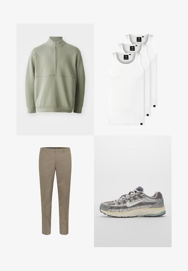 Light green, long-sleeve pullover with a high collar and half zipper. Soft texture with a horizontal seam detail across the chest.; Three white ribbed tank tops made of cotton. Features a crew neck and small black labels near the hem. Available in multiple sizes.; Beige tailored trousers with a subtle check pattern, straight-leg design, front pockets, and a smooth fabric texture.; Gray athletic shoe featuring a mesh and suede upper, white accents, a cushioned sole, and a distinctive design with reflective elements.