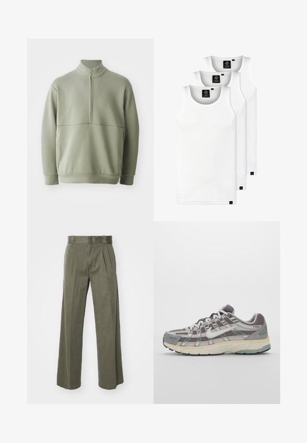 Lys grønn, langermet genser med høy krage og halv glidelås. Myk tekstur med horisontal sømdetalj over brystet.; Tre hvite ribbestrikkede tank topper laget av bomull. Har en rund hals og små svarte etiketter nær kanten. Tilgjengelig i flere størrelser.; Olivenfargede bukser med løs, vid ben-design og frontplisseringer. Laget av teksturert stoff med standard midjebånd og uten synlig maskinvare.; Grå treningssko med overdel i nett og semsket skinn, hvite detaljer, en polstret såle, og et særpreget design med reflekterende elementer.