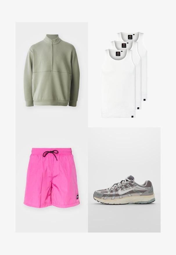 Lichtgroene, langslijve pullover met een hoge kraag en een halve rits. Zachte textuur met een horizontale naaddetails over de borst.; Drie witte geribde tanktops van katoen. Kenmerken zijn een ronde hals en kleine zwarte labels nabij de zoom. Verkrijgbaar in meerdere maten.; Roze, lichte zwemshorts met een elastische tailleband en zwarte drawstring. Heeft een klein label op het linkerpand. Soepele textuur.; Grijze sportieve schoen met een bovenwerk van mesh en suede, witte accenten, een gevoerde zool en een onderscheidend ontwerp met reflecterende elementen.