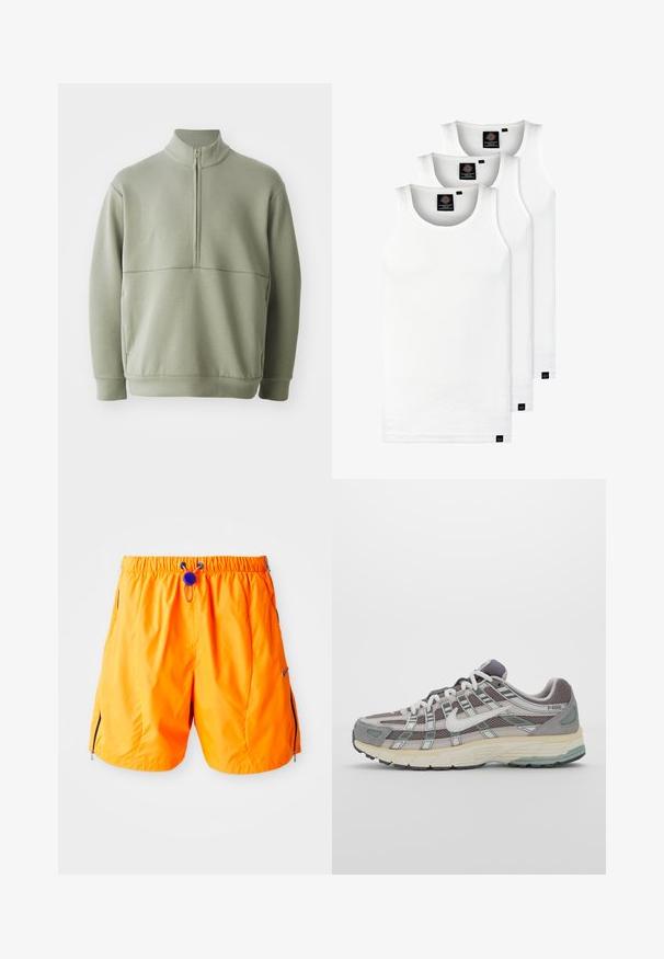 Svijetlozelena, dugosveđena majica s visokim ovratnikom i polu-zipperom. Mehak materijal s horizontalnom šavom preko prsa.; Tri bijele rebraste majice bez rukava od pamuka. Imaju okrugli izrez i male crne oznake blizu rubova. Dostupne su u više veličina.; Narandžice kupaće šortse sa elastičnom waistbandom, podesivom vezicom i bočnim zip džepovima. Napravljeni od glatkog, laganog materijala.; Siva sportska tenisica s gornjim dijelom od mrežaste tkanine i zamshta, bijelim detaljima, amortizirajućom potplatom i prepoznatljivim dizajnom s refleksivnim elementima.