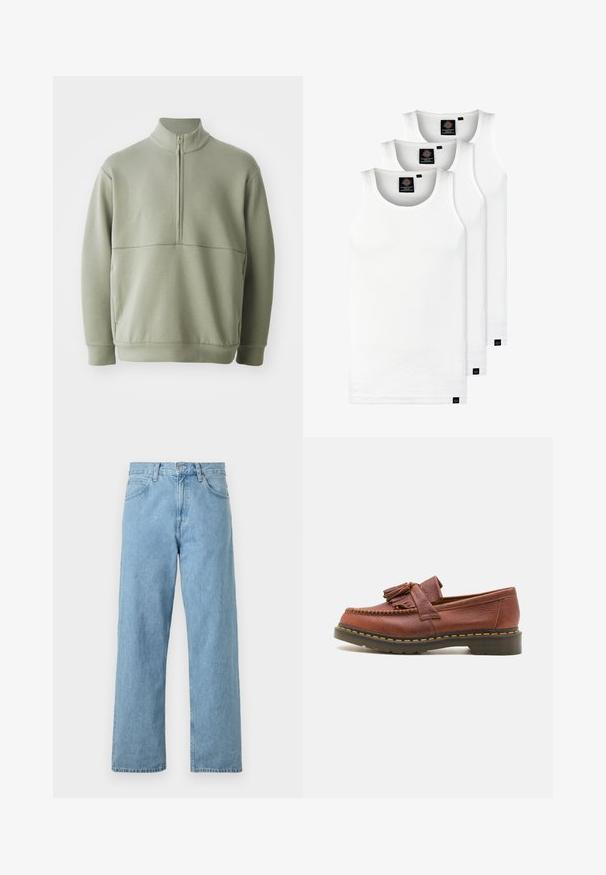 Šviesiai žalias, ilgos rankovės megztinis su aukšta apykakle ir pusiau užtrauktuku. Minkšta tekstūra su horizontalia siūle per krūtinę.; Trys balti, dryžuoti marškiniai be rankovių, pagaminti iš medvilnės. Yra apvalus kaklas ir maži juodi etiketės netoli siūlės. Siūlomi įvairių dydžių.; Šviesiai mėlyni džinsai su tiesiomis kojomis, penkios kišenės, mygtuko ir užtrauktuko uždarymas, ir šiek tiek išblukusi apdaila.; Rudos odinės mokasinai su pakabukų akcentais, tekstūruota paviršius ir kontrastuojančios geltonos siūlės palei juodą gumos pada.