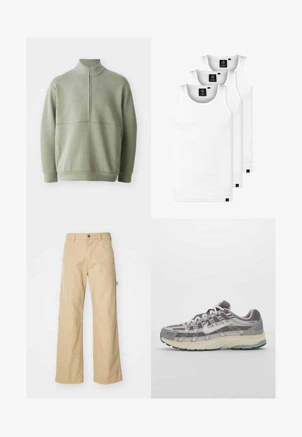 Svetlozelený, dlhý rukáv pulóver s vysokým golierom a polovičným zipsom. Mäkká textúra s horizontálnym švom cez hruď.; Tri biele rebrované tielka vyrobené z bavlny. Majú okrúhly výstrih a malé čierne štítky pri leme. Dostupné v rôznych veľkostiach.; Béžové široké cargo nohavice s gombíkovým zapínaním, so bočnými vreckami, vyrobené z odolnej bavlnenej látky, hladkej textúry a rovného strihu.; Šedá športová obuv so zvrškom z nylonu a semišu, bielymi akcentmi, polstrovanou podrážkou a jedinečným dizajnom s reflexnými prvkami.