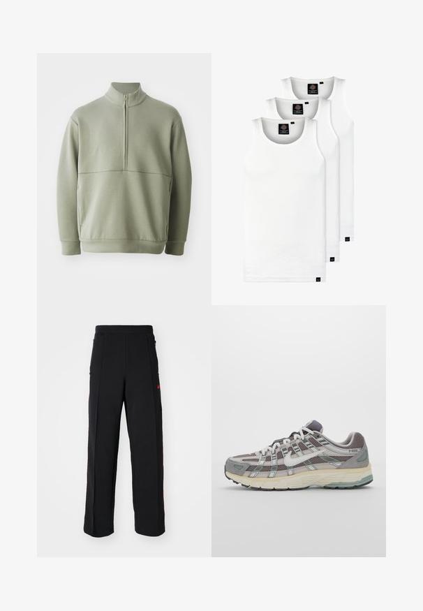 Svetlo zeleni pulover z dolgimi rokavi, visokim ovratnikom in polnim zadrgo. Mehak material z vodoravno šivano podrobnostjo čez prsi.; Tri bele rebraste majice brez rokavov iz bombaža. Imajo okroglo izreza in majhne črne etikete blizu roba. Na voljo v več velikostih.; Črne trenirke z ohlapnim krojem, ki imajo rdeče detajle in stranske žepe. Material se zdi mehak z gladko teksturo.; Sive športne čevlje z zgornjim delom iz mrežastega in semiš materiala, belimi akcenti, oblazinjenim podplatom ter edinstvenim dizajnom z odsevnimi elementi.