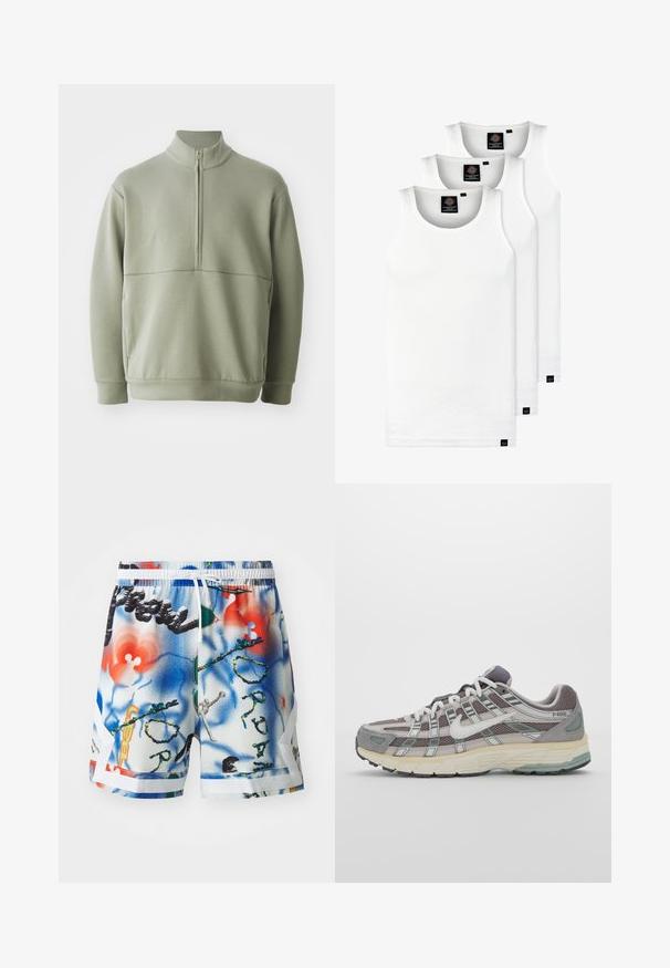Jasnozielony, długi sweter z długim rękawem, o wysokim kołnierzu i pół-zamkiem. Miękka tekstura z poziomym szwem na wysokości klatki piersiowej.; Trzy białe prążkowane koszulki na ramiączkach wykonane z bawełny. Posiadają okrągły dekolt i małe czarne metki blisko dolnego brzegu. Dostępne w różnych rozmiarach.; Szorty pływackie wykonane z lekkiego materiału w kolorze niebieskim, białym i czerwonym, z kolorowym, abstrakcyjnym wzorem z graficznymi detalami oraz białymi akcentami.; Szare buty sportowe z siateczkowym i zamszowym wierzchem, białymi akcentami, amortyzowaną podeszwą oraz charakterystycznym designem z elementami odblaskowymi.