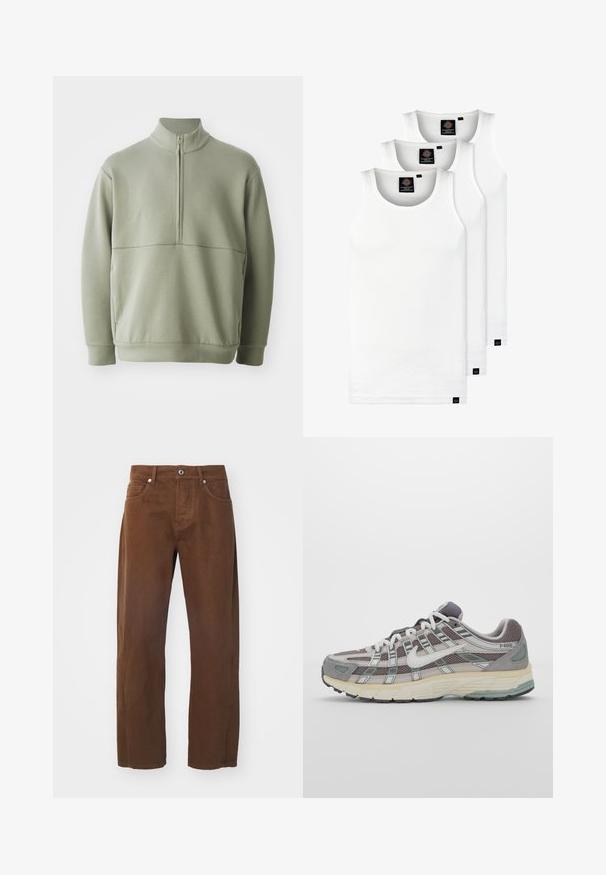 Light green, long-sleeve pullover with a high collar and half zipper. Soft texture with a horizontal seam detail across the chest.; Three white ribbed tank tops made of cotton. Features a crew neck and small black labels near the hem. Available in multiple sizes.; Brown cotton trousers with a straight-leg design, featuring five pockets, front button closure, and subtle stitching details.; Gray athletic shoe featuring a mesh and suede upper, white accents, a cushioned sole, and a distinctive design with reflective elements.