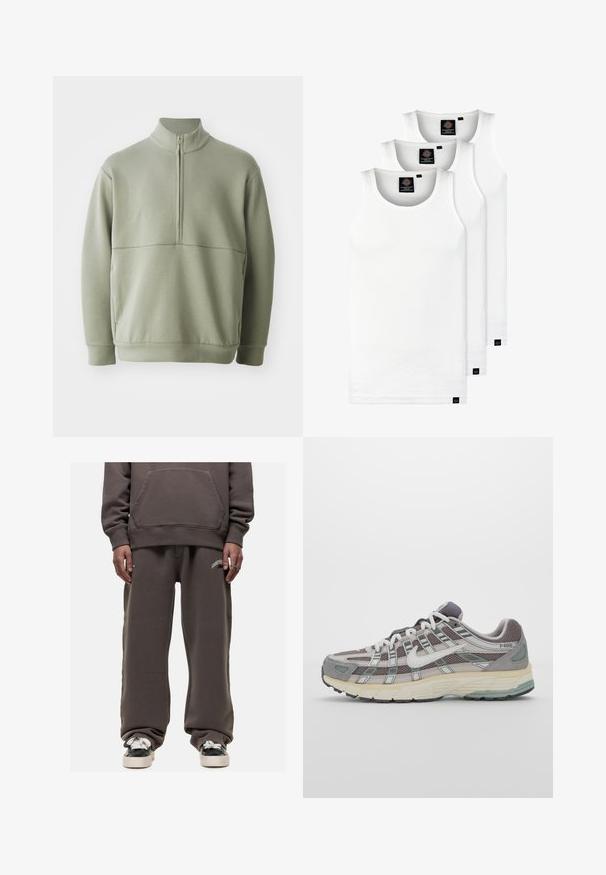 Lichtgroene, langslijve pullover met een hoge kraag en een halve rits. Zachte textuur met een horizontale naaddetails over de borst.; Drie witte geribde tanktops van katoen. Kenmerken zijn een ronde hals en kleine zwarte labels nabij de zoom. Verkrijgbaar in meerdere maten.; Donkergrijze hoodie met een kangoeroezak, gecombineerd met bijpassende losse joggingbroek met een wit logo op de linker bovenbeen.; Grijze sportieve schoen met een bovenwerk van mesh en suede, witte accenten, een gevoerde zool en een onderscheidend ontwerp met reflecterende elementen.