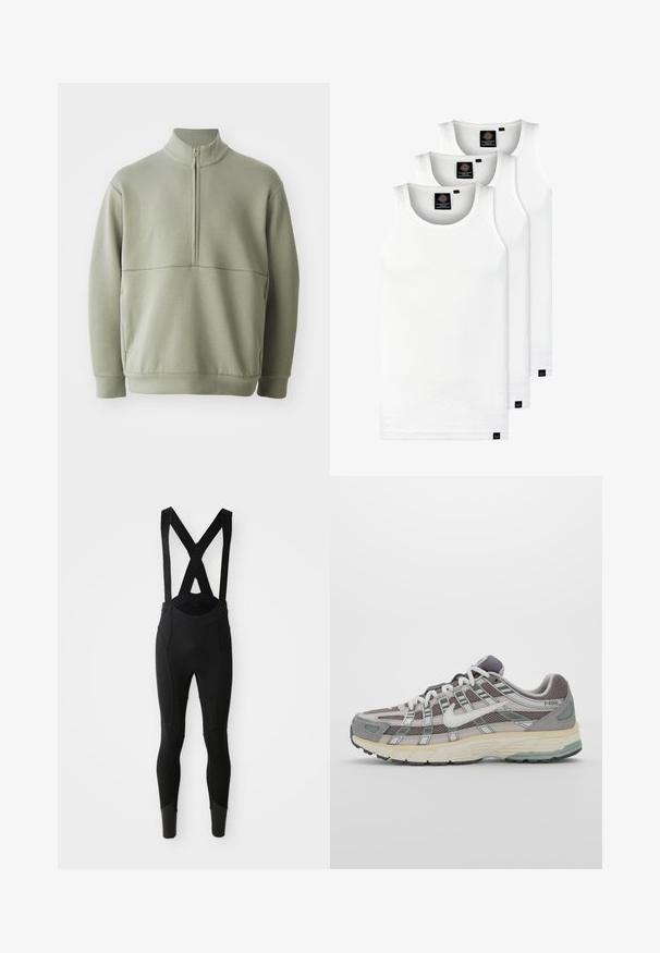 Ljusgrön, långärmad tröja med hög krage och halvmått. Mjuk textur med en horisontell sömdetalj över bröstet.; Tre vita ribbade linnen i bomull. Har rund halsringning och små svarta etiketter vid fållen. Finns i flera storlekar.; Svarta cykelbyxor med justerbara X-formade hängslen, strukturerade paneler och åtsittande ben som smalnar av vid ankeln.; Grå atletiska sko med en överdel av mesh och mocka, vita accenter, en vadderad sula och en unik design med reflekterande element.